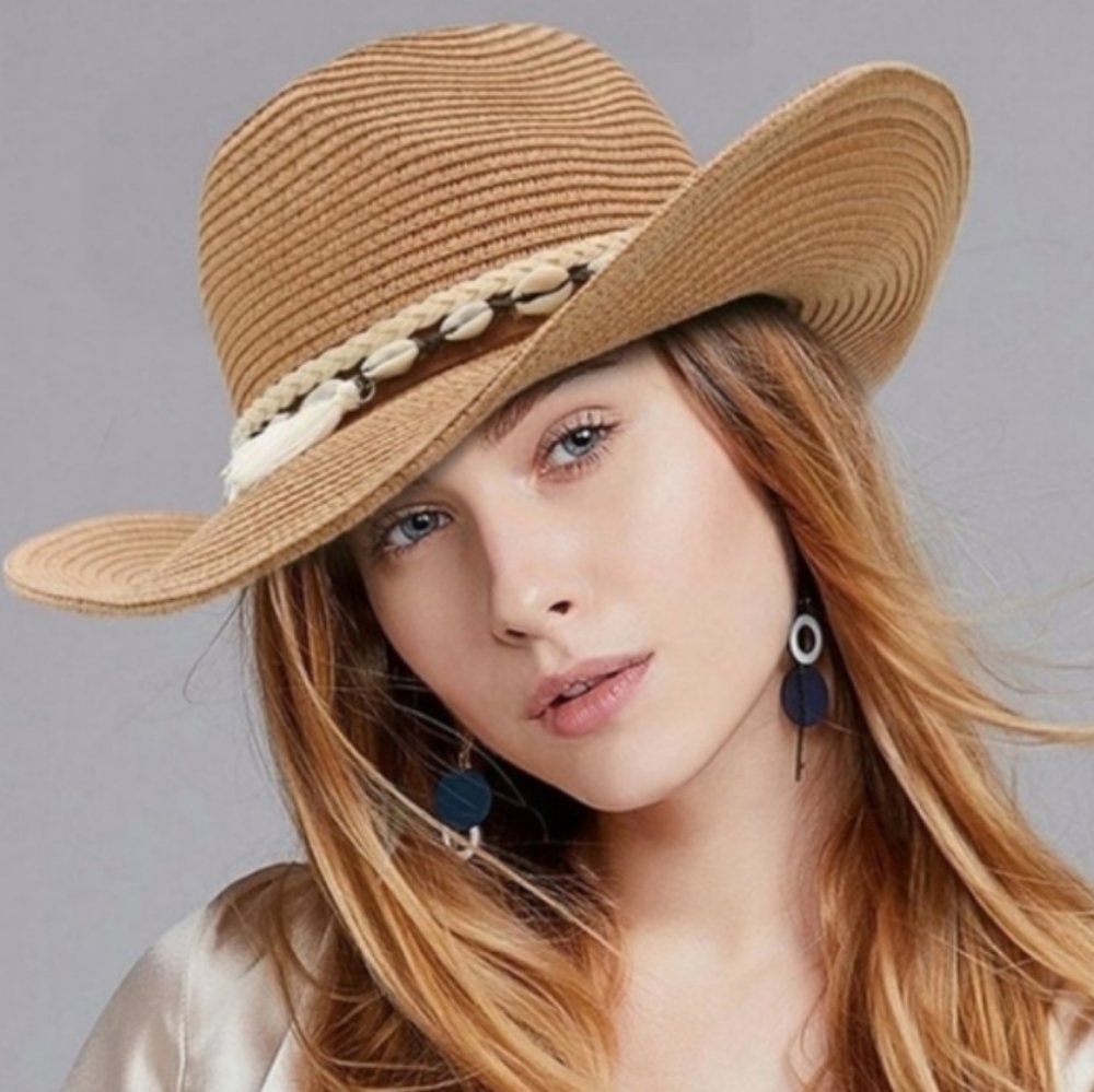 Unisex Western Straw Sun Hat Cowrie Cowry Shells 3.5" Wide Brim Khaki Tan Boho - Picture 2 of 14